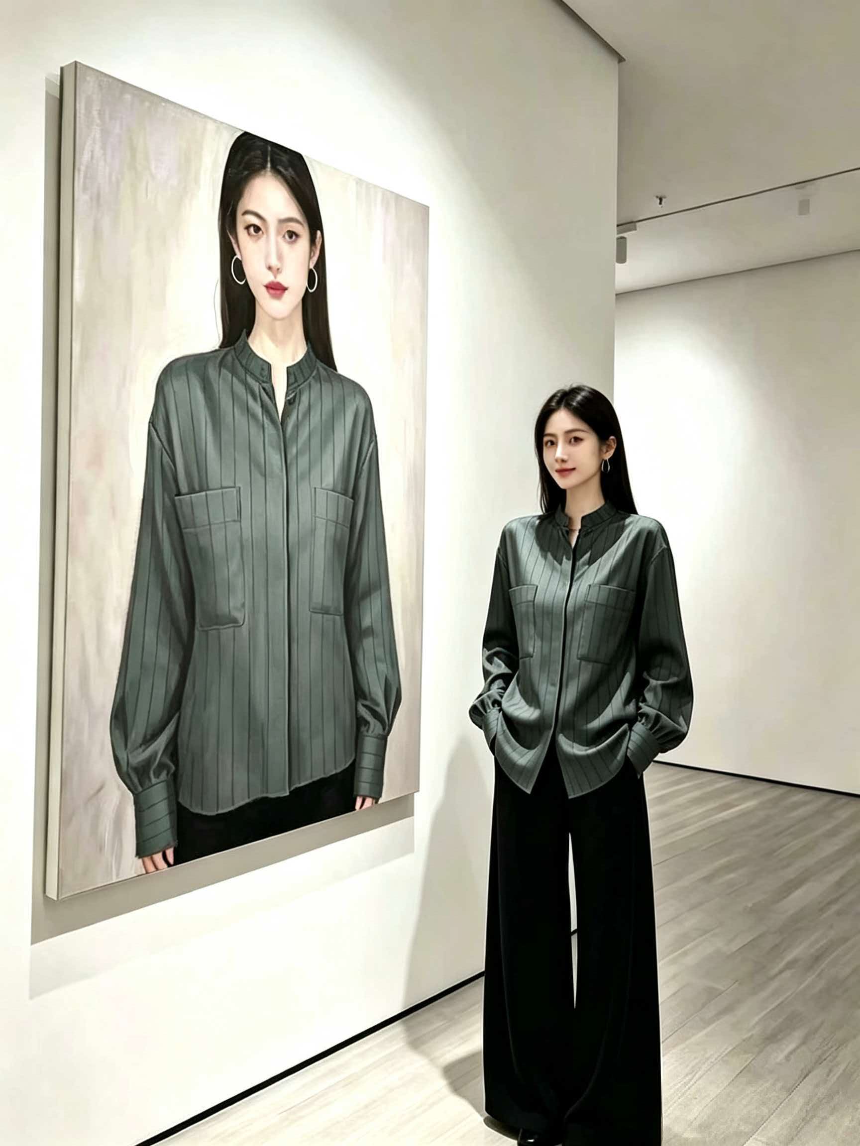 Black Satin Stand Collar Striped Loose Shirt Women 2026 Autumn French Refined Light Mature High-End Top