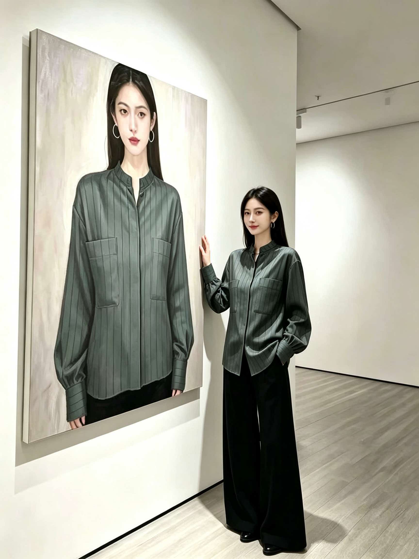 Black Satin Stand Collar Striped Loose Shirt Women 2026 Autumn French Refined Light Mature High-End Top - Image 3