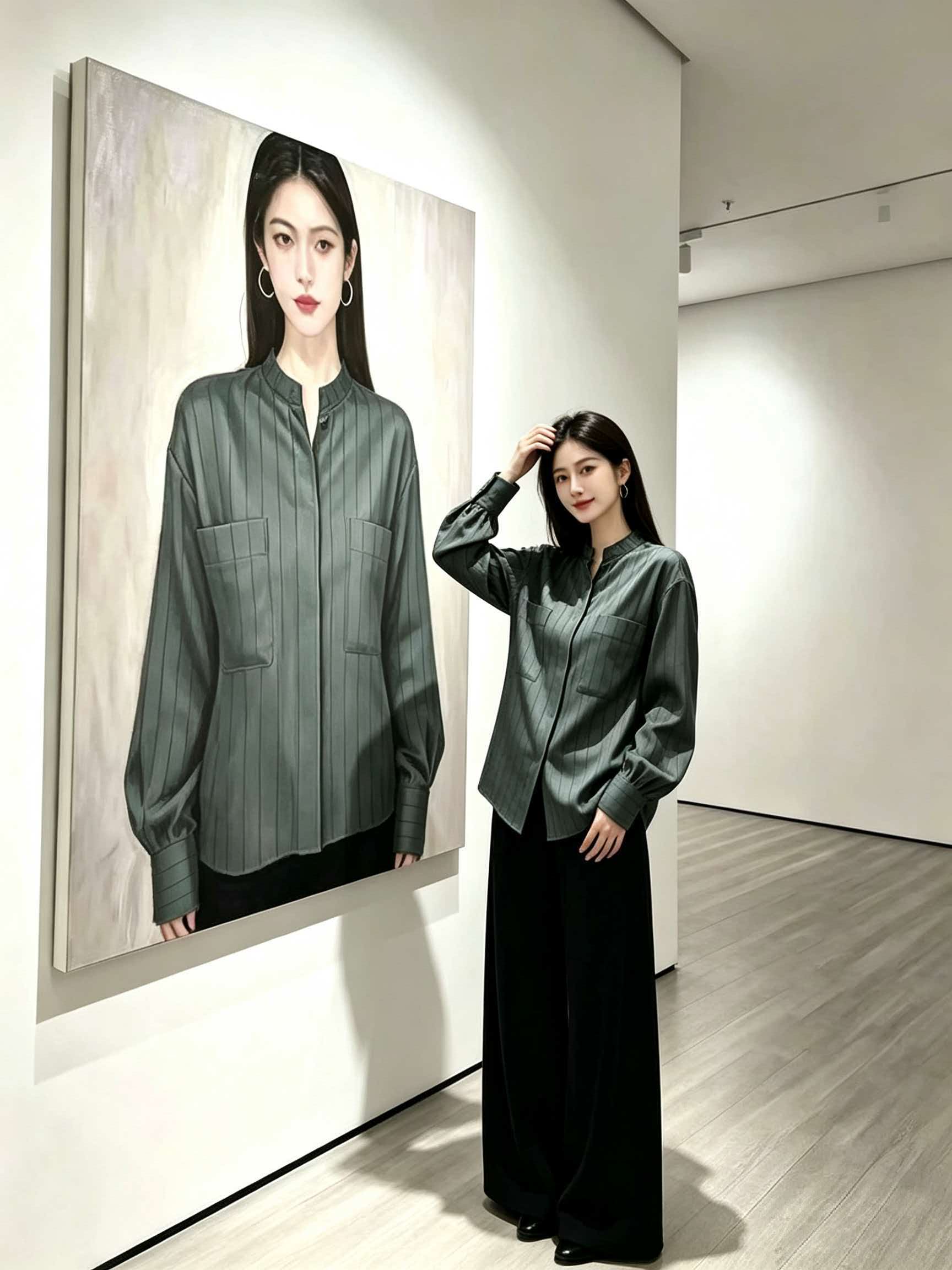 Black Satin Stand Collar Striped Loose Shirt Women 2026 Autumn French Refined Light Mature High-End Top - Image 4