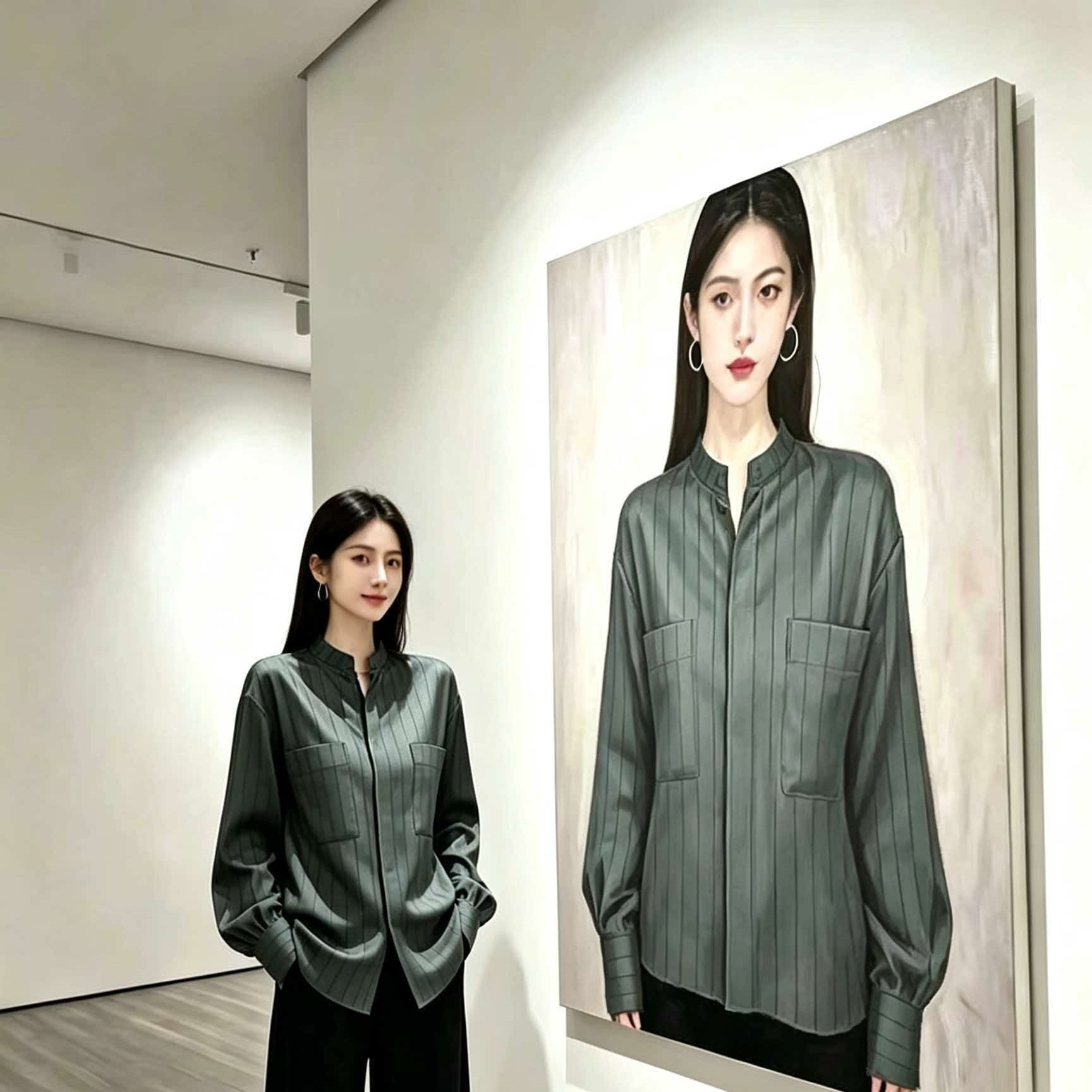 Black Satin Stand Collar Striped Loose Shirt Women 2026 Autumn French Refined Light Mature High-End Top - Image 5