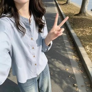 Women's Light Blue Stand Collar Shirt French Style Early Autumn 2026