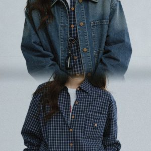 Navy Plaid Loose Fit Shirt Women 2026 Early Autumn Top