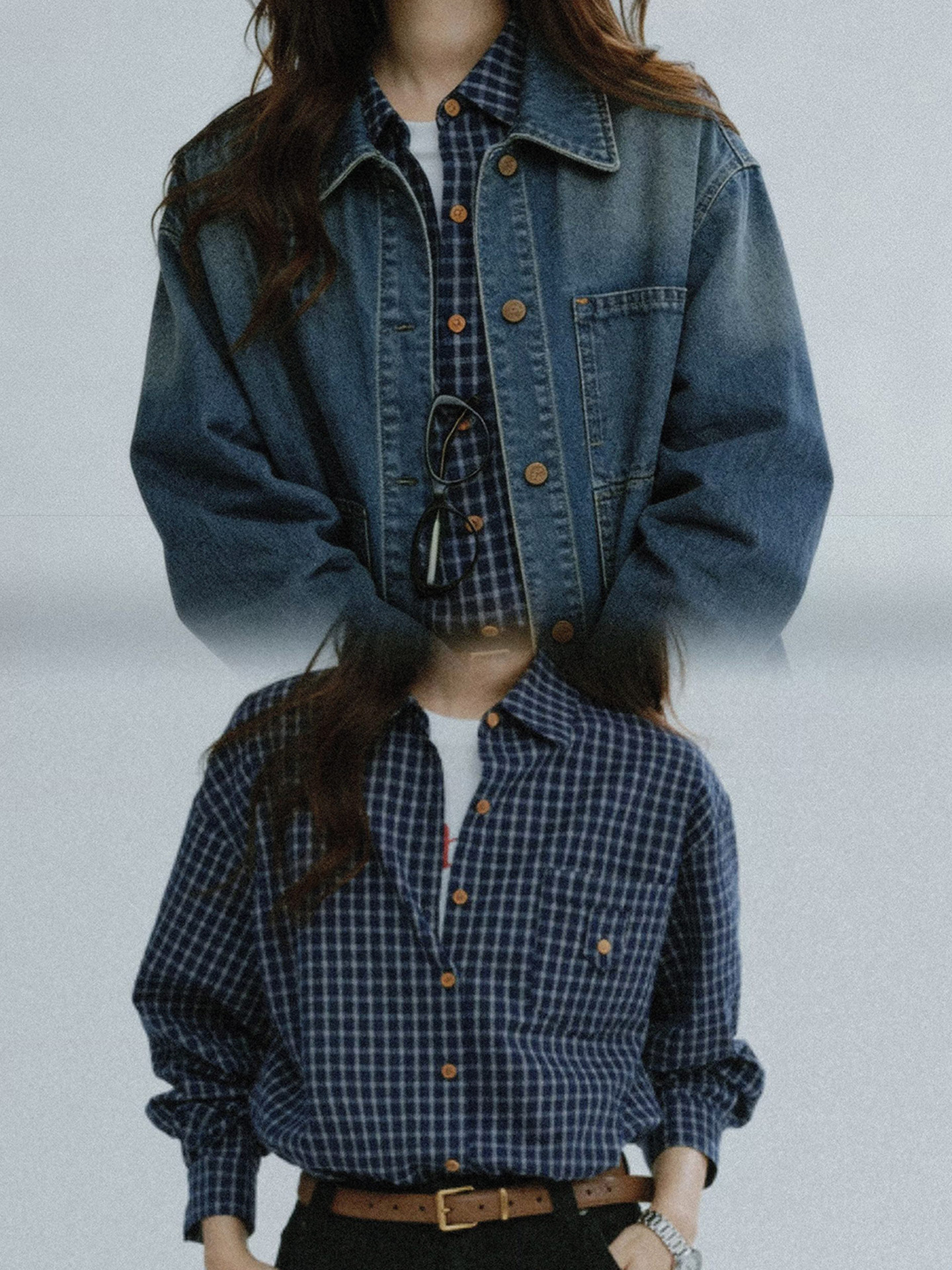 Navy Plaid Loose Fit Shirt Women 2026 Early Autumn Top