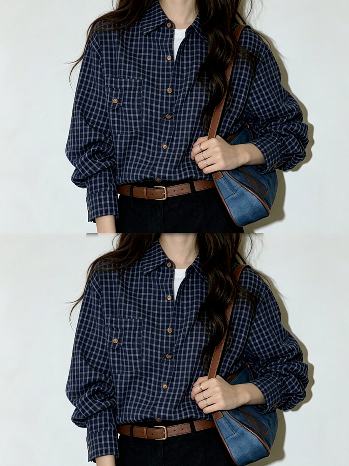 Navy Plaid Loose Fit Shirt Women 2026 Early Autumn Top - Image 3