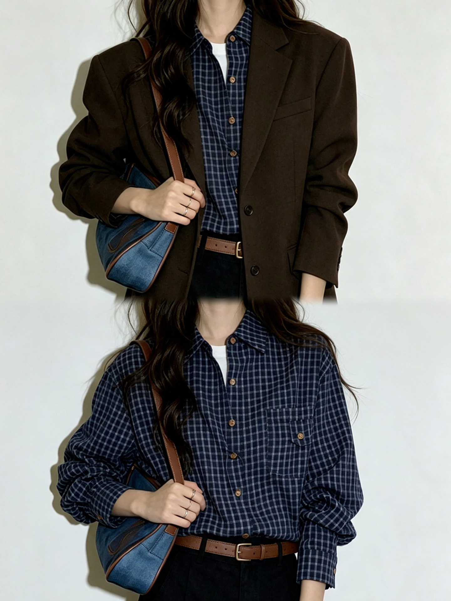 Navy Plaid Loose Fit Shirt Women 2026 Early Autumn Top - Image 2
