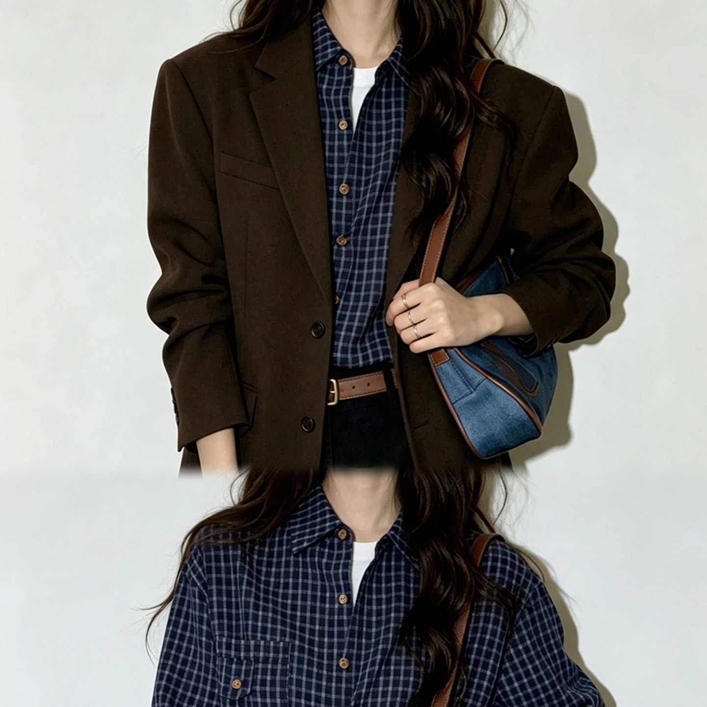 Navy Plaid Loose Fit Shirt Women 2026 Early Autumn Top - Image 5